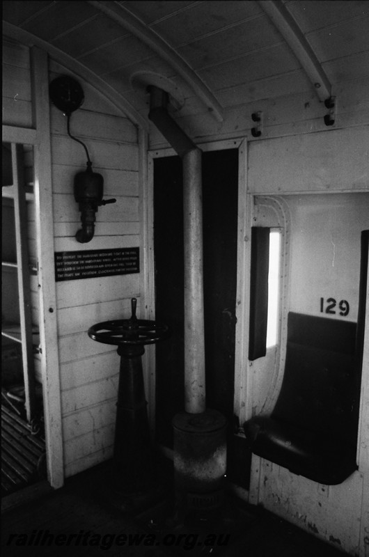 P14008
3 of 4 internal views of Z class 129 brakevan, showing the vacuum brake release valve, the brake wheel and the guards lookout
