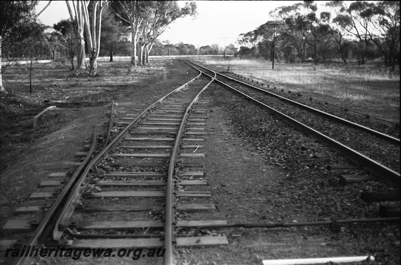 P14010
Trackwork showing a catch point and the guide rail, location Unknown, view along the track.
