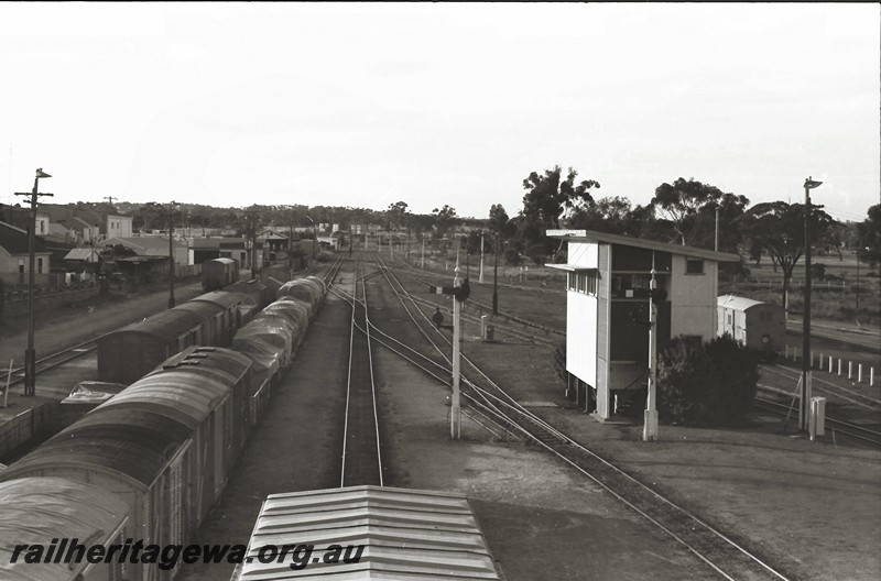 P14024
Signal box, signals, yard, Narrogin, GSR line, view along the yard from the footbridge looking south.
