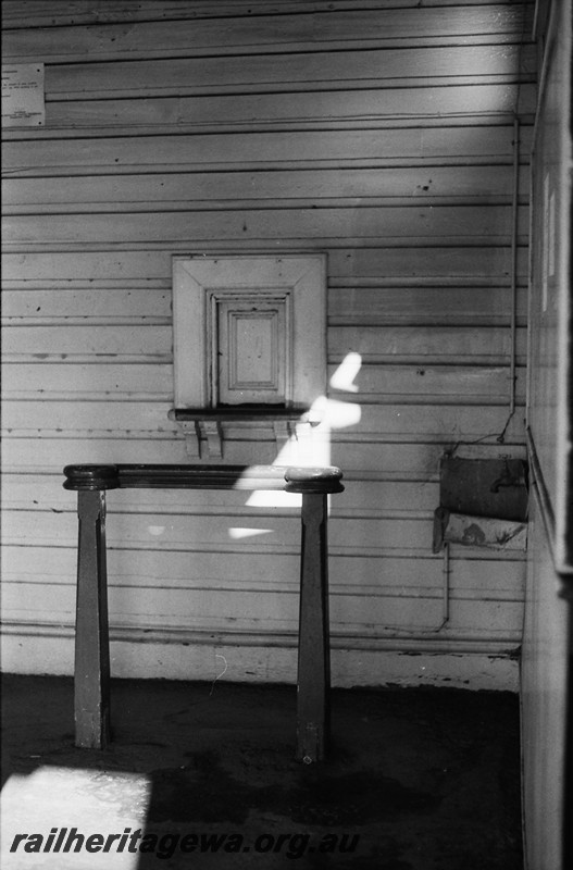 P14029
Passenger barrier in front of the ticket purchasing window, ticket office on the Barrack Street Bridge.
