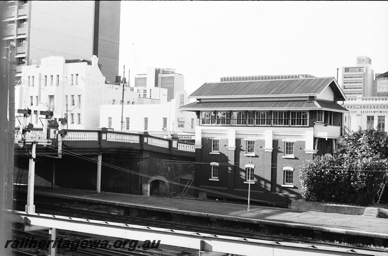 P14030
Signal box C, signals, Barrack street Bridge, Perth Station, view from across the tracks
