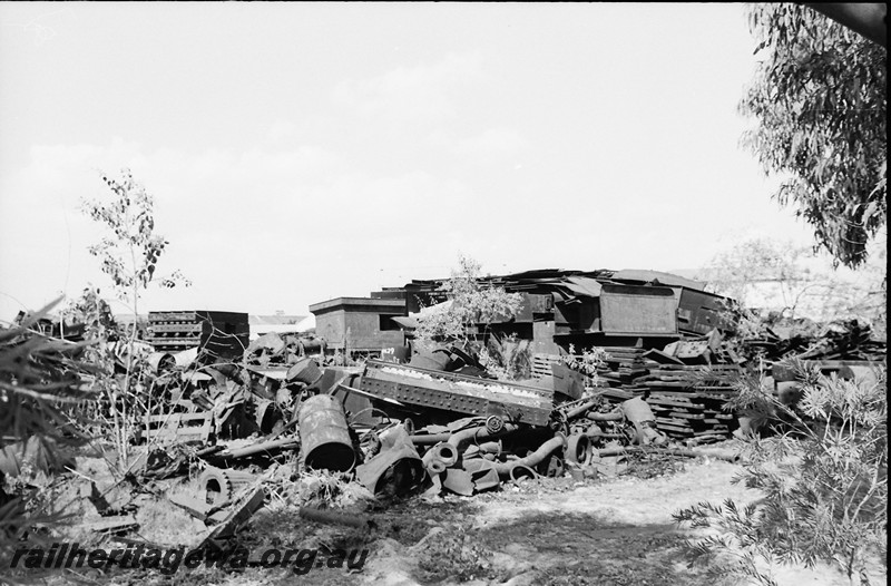 P14078
1 of 3 Remnants of locos and rolling stock at the salvage yard Midland Workshops. 
