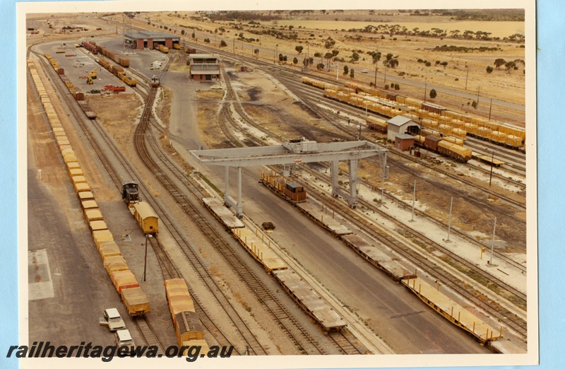 P14098
West Merredin yard, elevated view looking west, including gantry crane, SG line.
