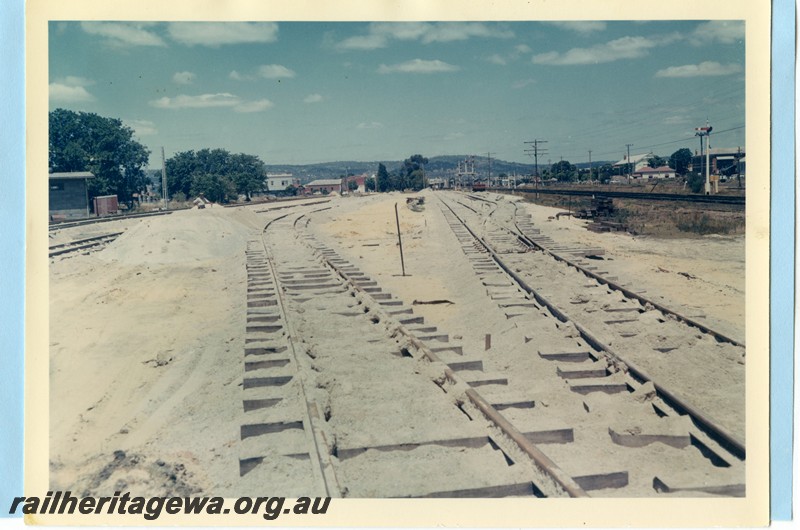 P14111
Trackwork, Midland, gantry signals, single semaphore signals, view to the east, ER line.
