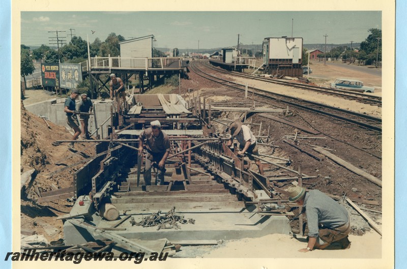 P14112
Underpass construction, West Midland, view to the east, station buildings on the edge of the embankment, ER line.
