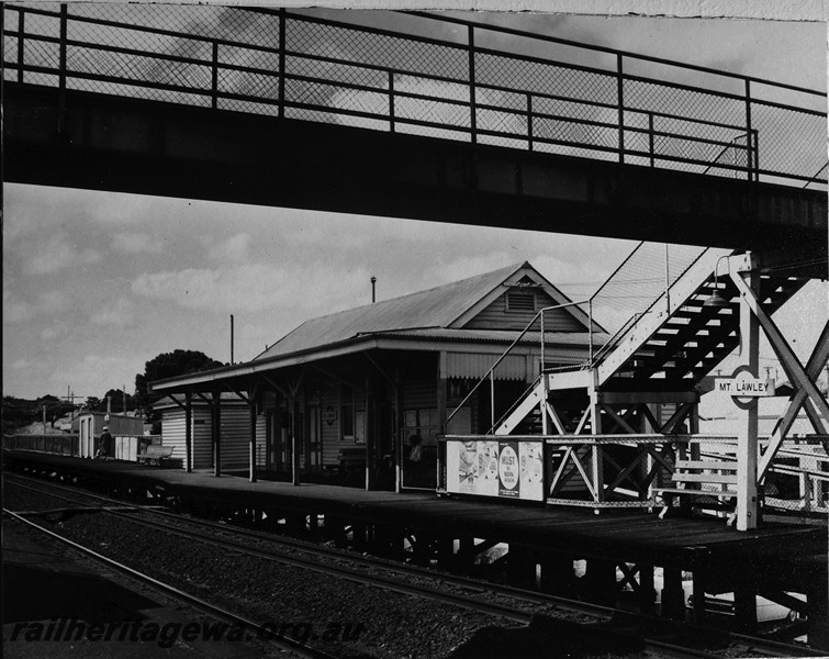 P14121
Station buildings, footbridge, nameboard, Mount Lawley, view from 