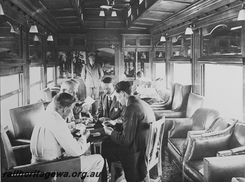 P14123
Commonwealth Railways (CR) lounge carriage, internal view, men playing cards.c1920
