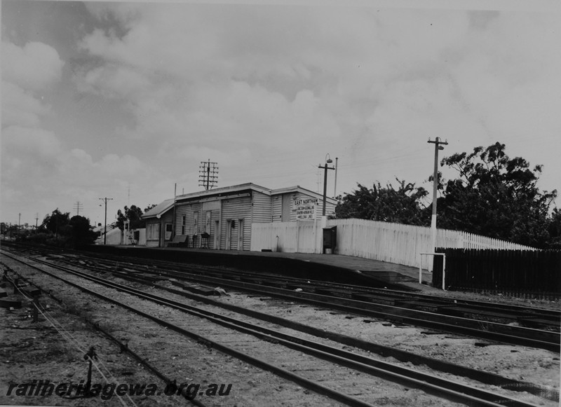 P14127
Station building, signal box, nameboard, East Northam, EGR line, c1965
