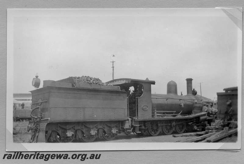 P14160
G class 48 with oil headlight and cowcatcher mounted on the rear of the tender, Midland Workshops, rear and side view
