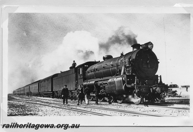 P14184
Commonwealth Railways (CR) C class 4-6-0 loco on a Trans train, TAR line, view along the train
