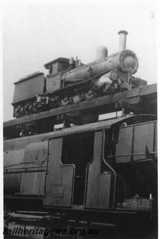 P14218
 G-class loco high up on Coal Stage, ASG class 56 on lower level, view of the cab, Kalgoorlie Loco Depot, EGR line.
