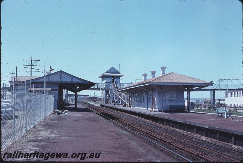 P14251
Station building, Claisebrook, island platform, signal box at eastern end of platform, view looking east, ER line.
