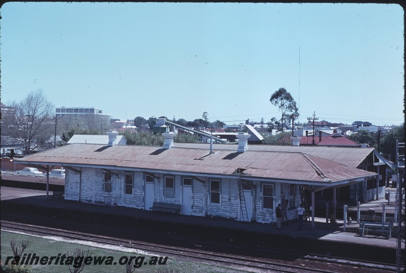 P14253
Station building, view of south side of island platform building, ER line.
