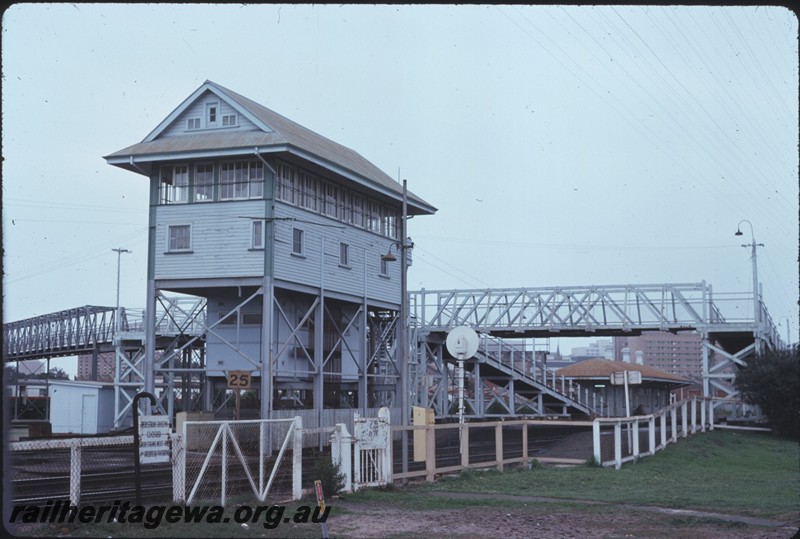 P14254
Signal box, footbridge, fence, search light signal, Claisebrook, ER line.
