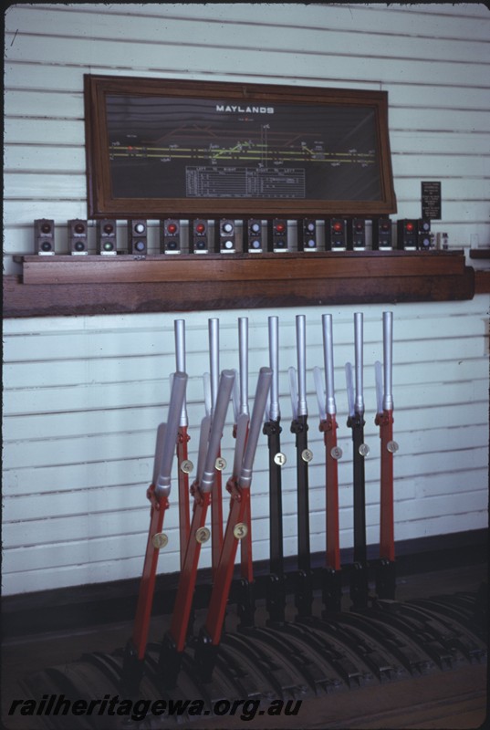 P14256
Lever frame, signalling diagram above the lever frame, Maylands, ER line.
