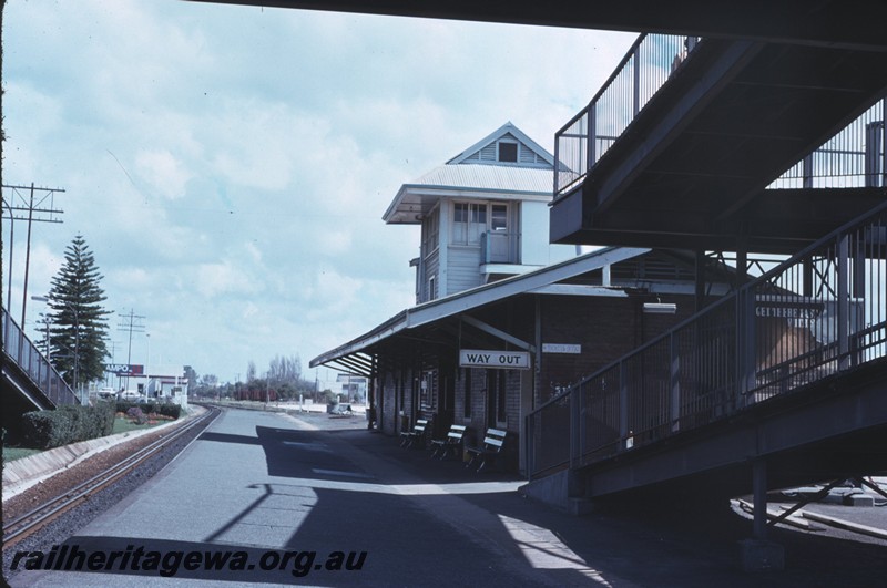 P14261
3 of 4, Station building, side and end view, signal box, footbridge, island platform, Bassendean, ER line.
