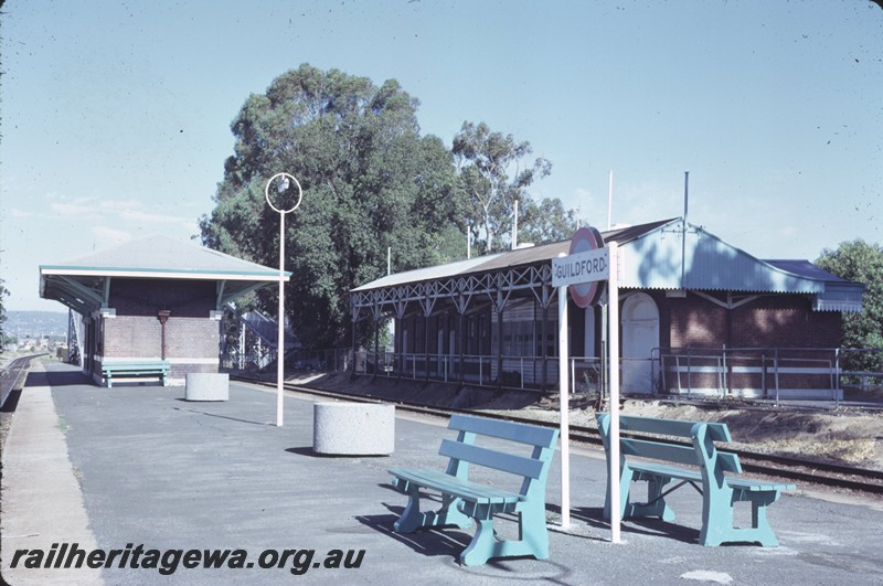 P14263
Station buildings, island platform, platform furniture, Guildford, ER line.
