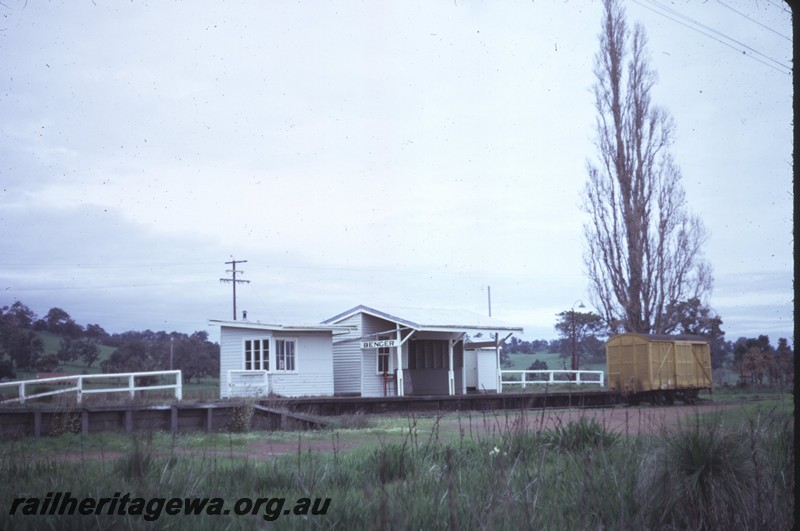 P14272
Station buildings, end and side view, passenger platform, nameboard, 4-wheeled FD class louvre van, end and side view, Benger, SWR line.
