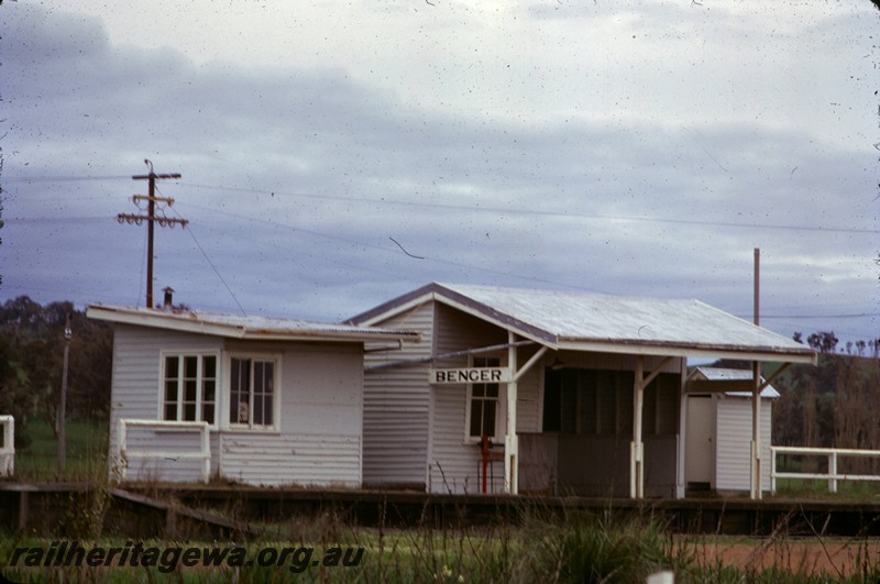 P14273
Station buildings, front view, nameboard, fence, Benger, SWR line.
