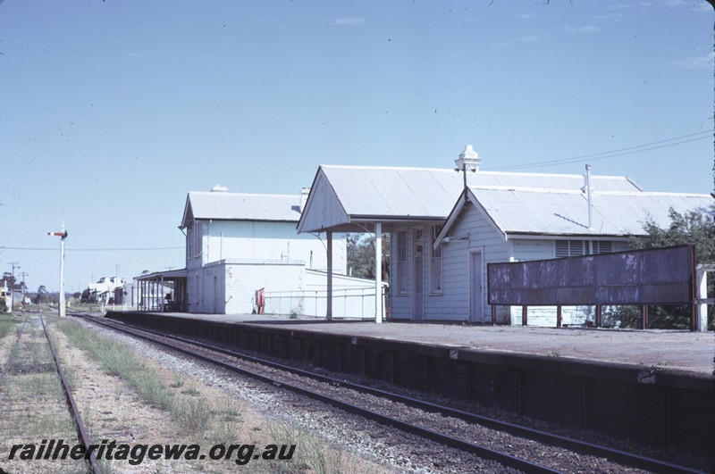 P14277
Station buildings, end view, lower quadrant semaphore signal, passenger platform, Beverley, GSR line.
