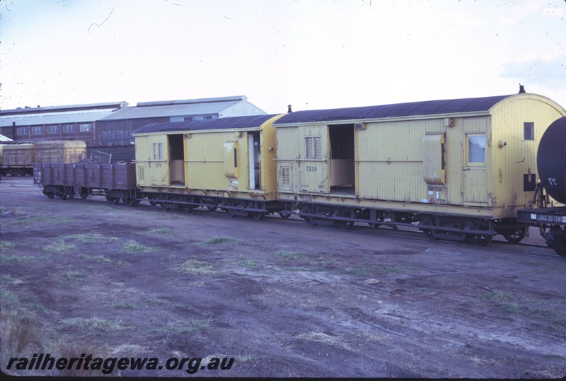 P14291
Brakevan Z class 530, brakevan Z class 479, RA class bogie high-sided wagon, side view, Midland, ER line.
