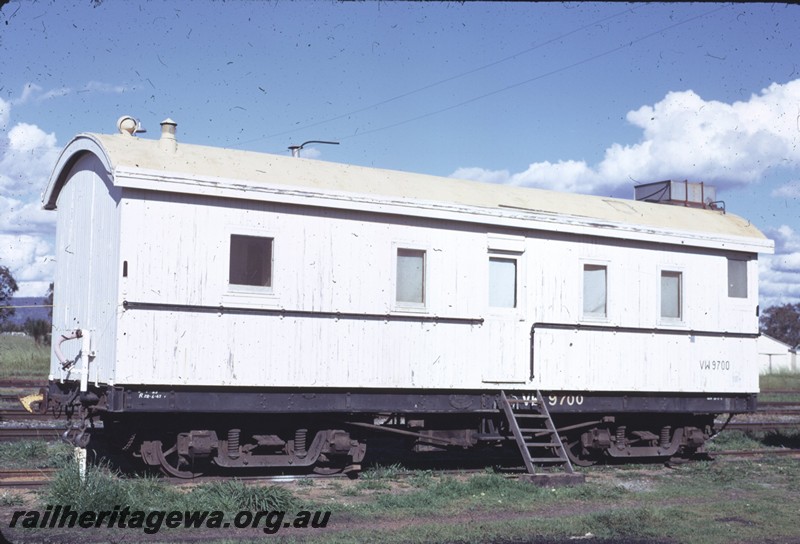 P14296
Workmen's van VW class 9700, converted from VU class 9700, end and side view, Pinjarra, SWR line.
