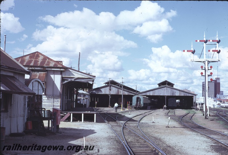 P14306
Carriage sheds, linen store, signals, multiple tracks, Perth, looking west, ER line.
