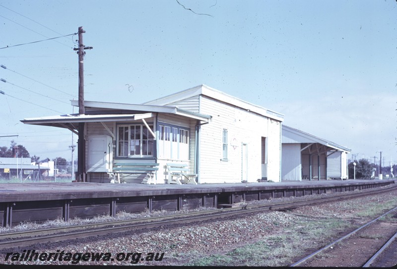 P14309
1 of 2, Station buildings, signal box, relay box, station furniture, island platform, end and side view, Welshpool, SWR line.
