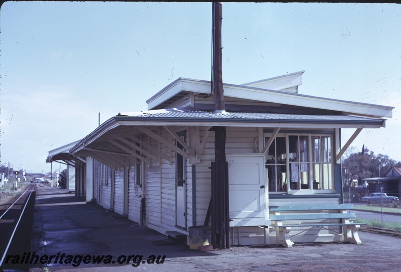 P14310
2 of 2, Station buildings, signal box, relay box, station furniture, island platform, end and side view, Welshpool, SWR line.
