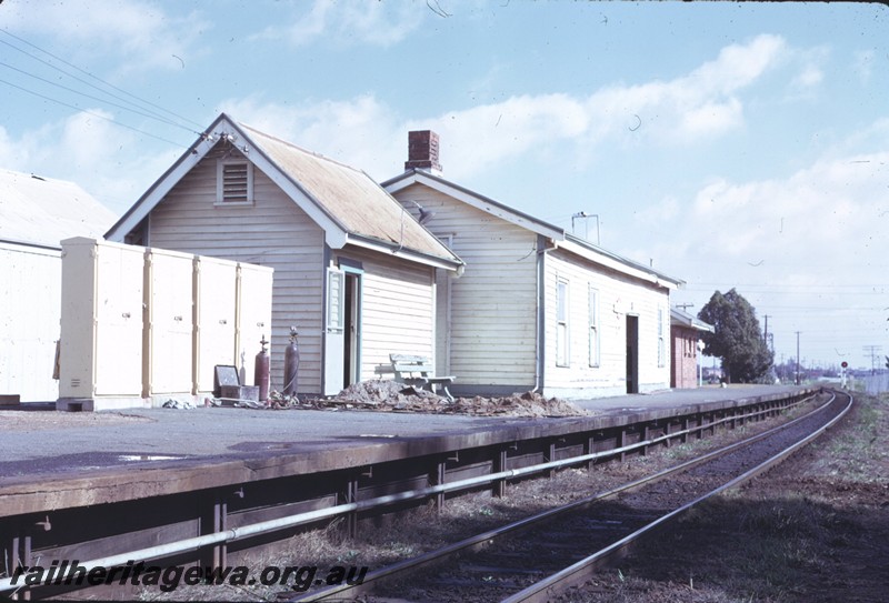 P14313
3 of 3, Station building, side view, passenger platform, Cannington, SWR line.
