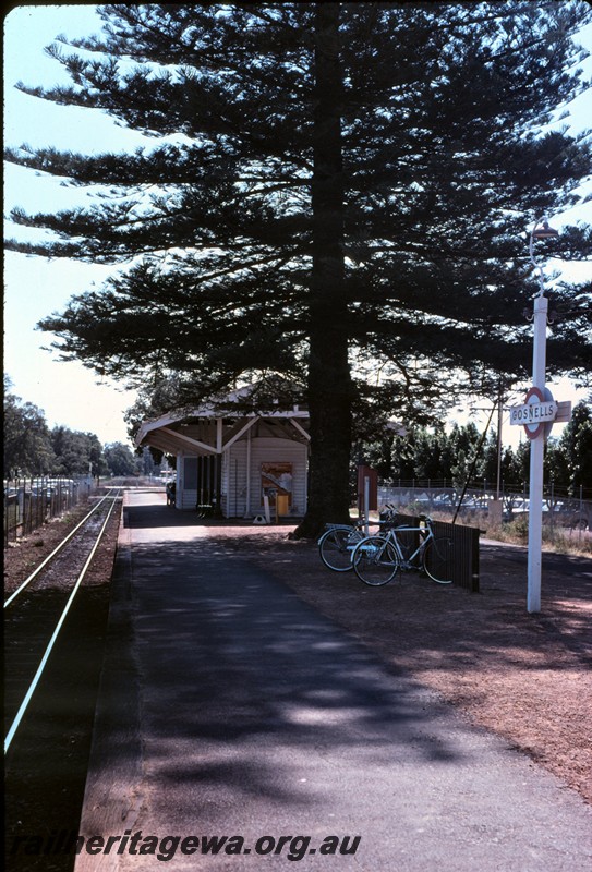 P14315
2 of 3, Station building, end view, passenger platform, bicycle rack, Gosnells, SWR line.
