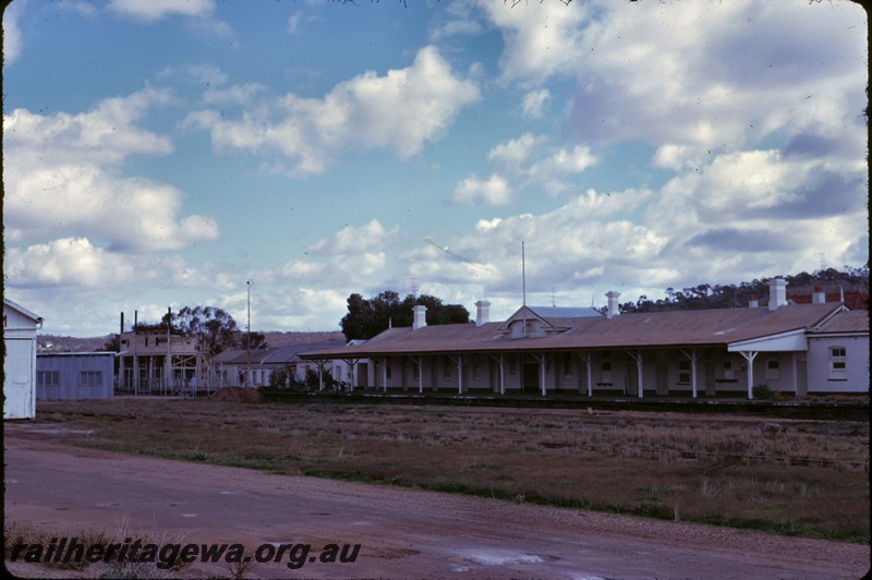 P14327
1 of 6, Abandoned station buildings, side view, burnt signal box, Northam, ER line.
