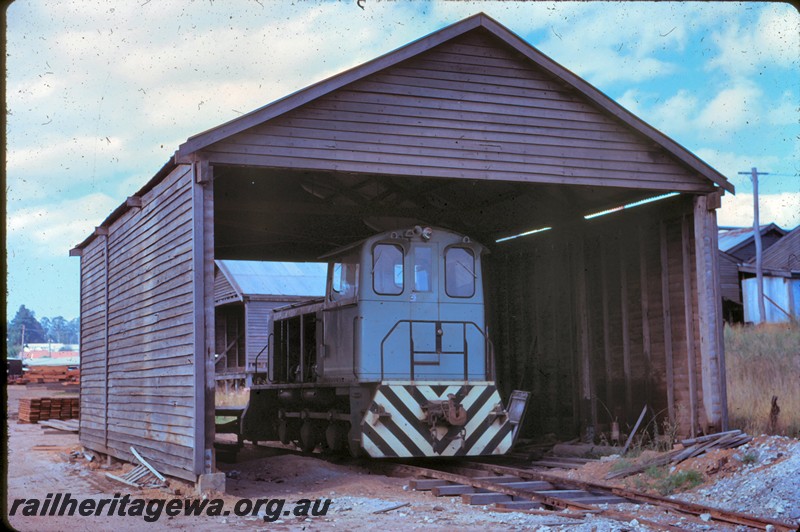 P14351
Diesel loco in loco shed, cab end view, Pemberton.
