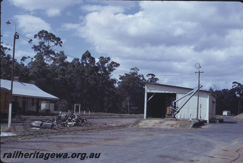 P14358
Goods shed, loading platform, crane, station building, Pemberton, PP line.
