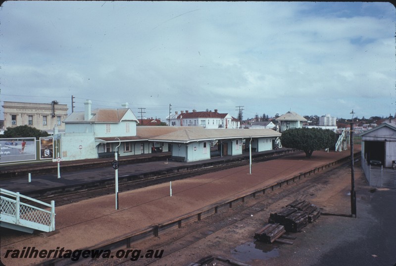 P14392
Station buildings, signal box, goods shed, Claremont, elevated overall view of the station precinct.
