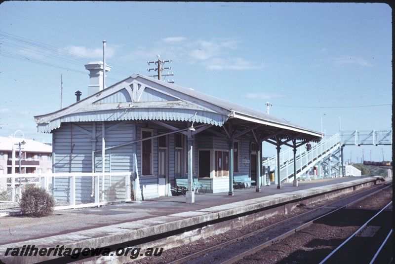 P14409
Station building, platform seas, footbridge, Mosman Park, east end and trackside view of the building 
