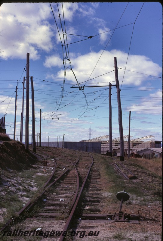 P14414
Overhead catenary, point lever, East Perth, looking up the line leading to the East Perth Power Station.
