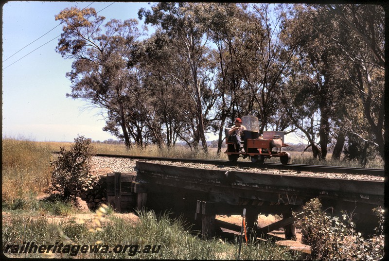 P14438
Motorized gangers trolley upon a trestle bridge, between Spencers Brook and York, GSR line.
