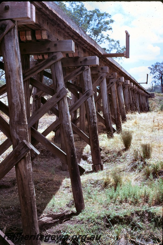 P14440
Trestle bridge, Nannup, WN line, view along the side of the bridge showing the refuges..
