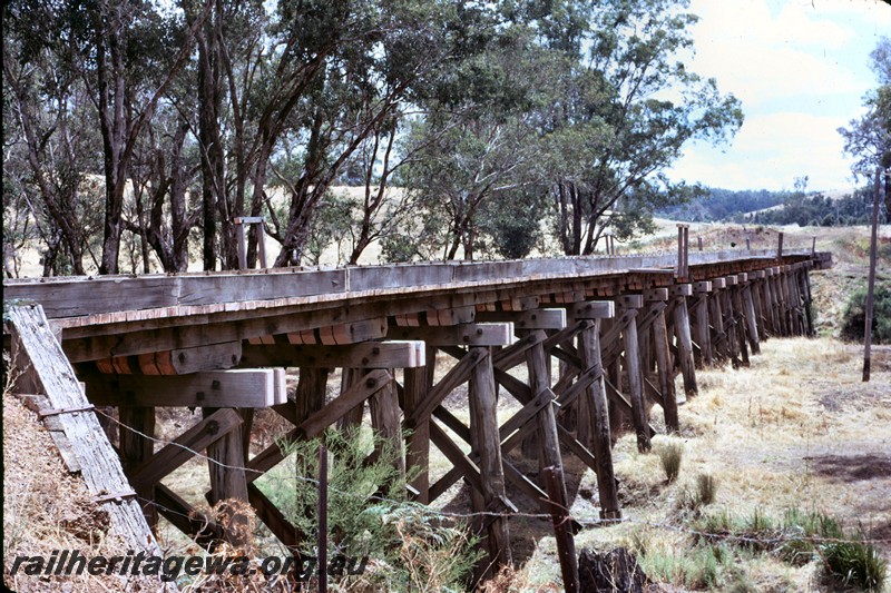 P14445
Trestle bridge, Nannup, WN line, view along the side of the bridge showing the refuges..
