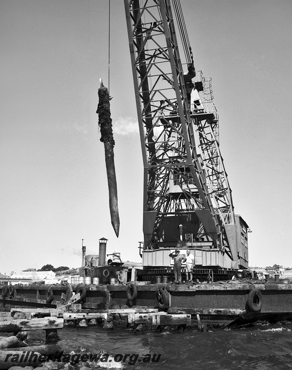 P14471
Floating crane lifting the old piles from the old railway bridge, North Fremantle.
