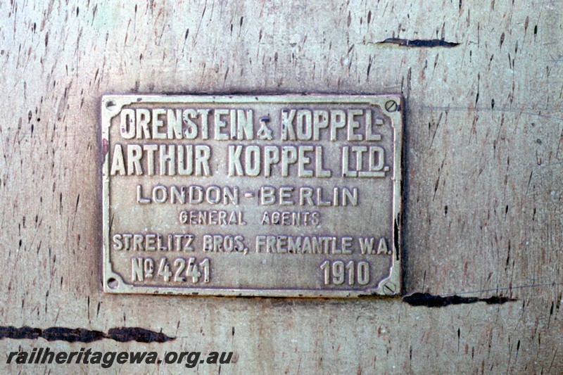 P14484
Orenstein & Koppel 0-6-0T, builders No.4241, Great Boulder mine, Kalgoorlie, builders plate (makers plate)
