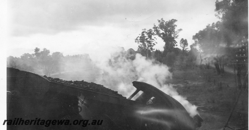 P14694
7 of 10, ES class 332 derailed on 10/6/1951, lying in a creek at Wooroloo, ER line, 
