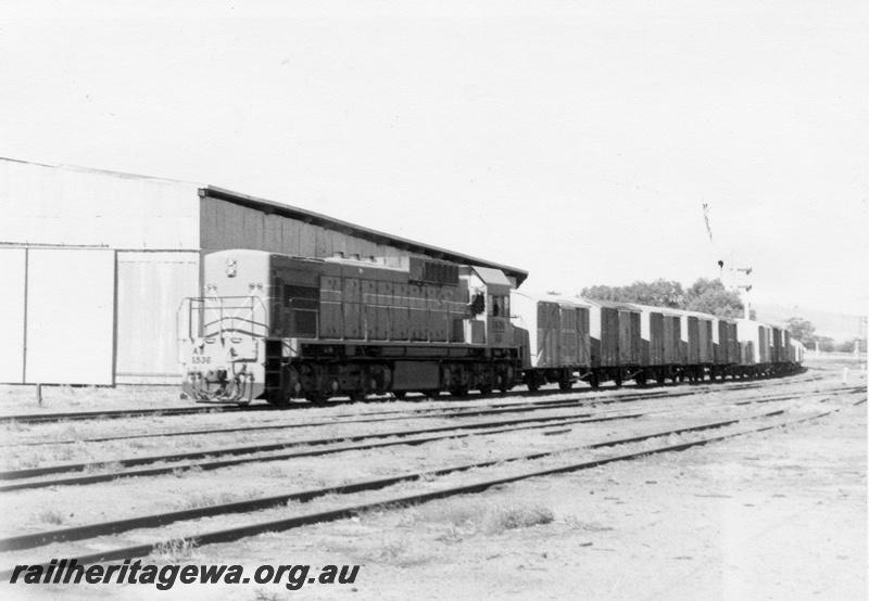 P14707
1 of 2, AB class 1536 diesel locomotive on mixed goods train, front and side view, York, GSR line.
