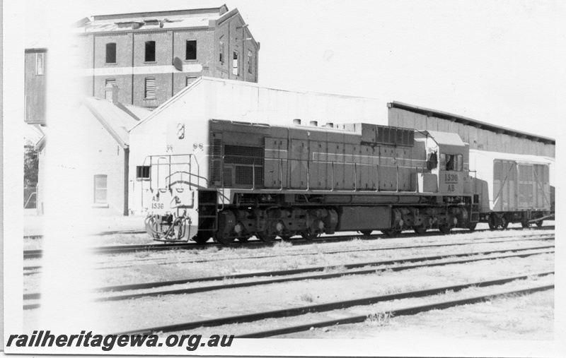 P14708
2 of 2, AB class 1536 diesel locomotive on mixed goods train, front and side view, York, GSR line.
