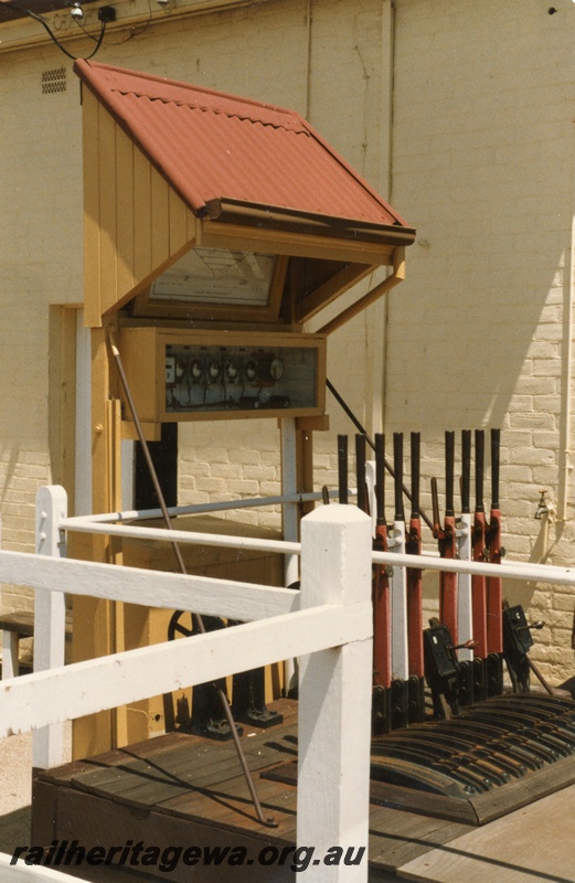 P14717
Lever frame with signalling diagram and repeater panel, York, GSR line.
