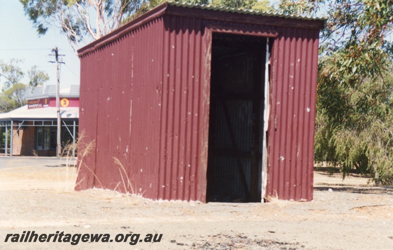 P14746
3 of 6 images of the station precinct and buildings at Tambellup, GSR line, shed located on the platform, side and front view
