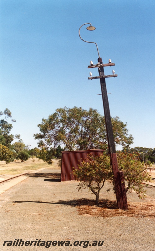 P14747
4 of 6 images of the station precinct and buildings at Tambellup, GSR line, goosenecked platform lamp, pole on a lean, shed in the background
