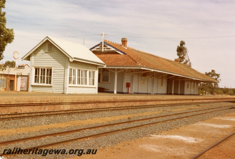 P14765
Signal box, station building, Brookton, GSR line, view along the platform
