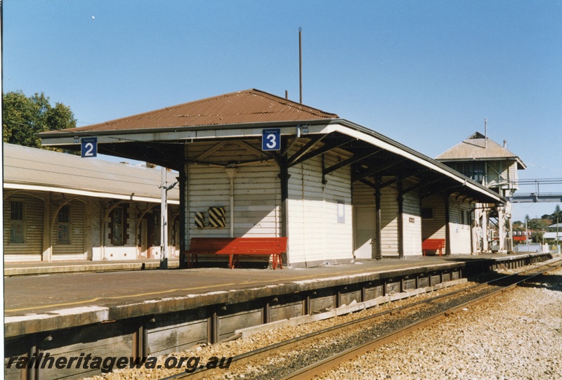 P14771
Station building, signal box, Claremont, end and side view of the island platform building. 
